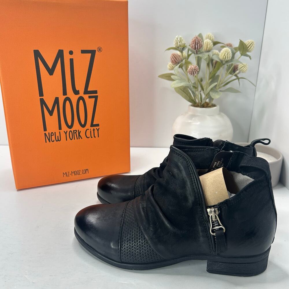 Miz Mooz Slinky Leather Ankle Boots Ruched Upper Zip Up Black Women's 38/7.5 NWB